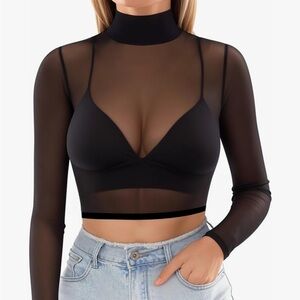 NWT! MANGOPOP Women's Turtleneck Long Sleeve Sheer Mesh Crop Top Blouse Black M